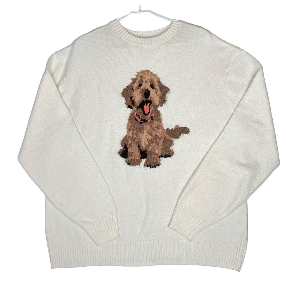 Hollister Cream Goldendoodle Dog Sweater Oversized Women's M Cozy Whimsical Cute - Picture 3 of 8